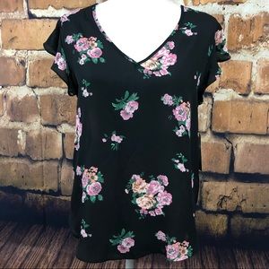 Lily White Sheer Short Sleeve V-Neck Floral Blouse